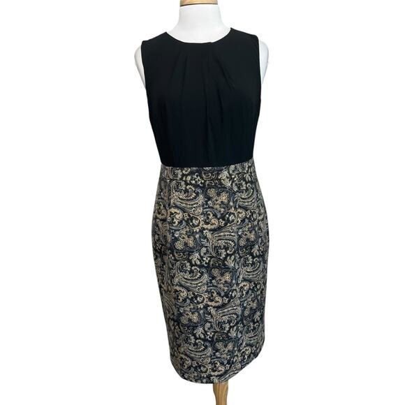 TALBOTS Women's 8 Jacquard Paisley Black Tan Sheath Shift Career Sleeveless - Picture 1 of 8